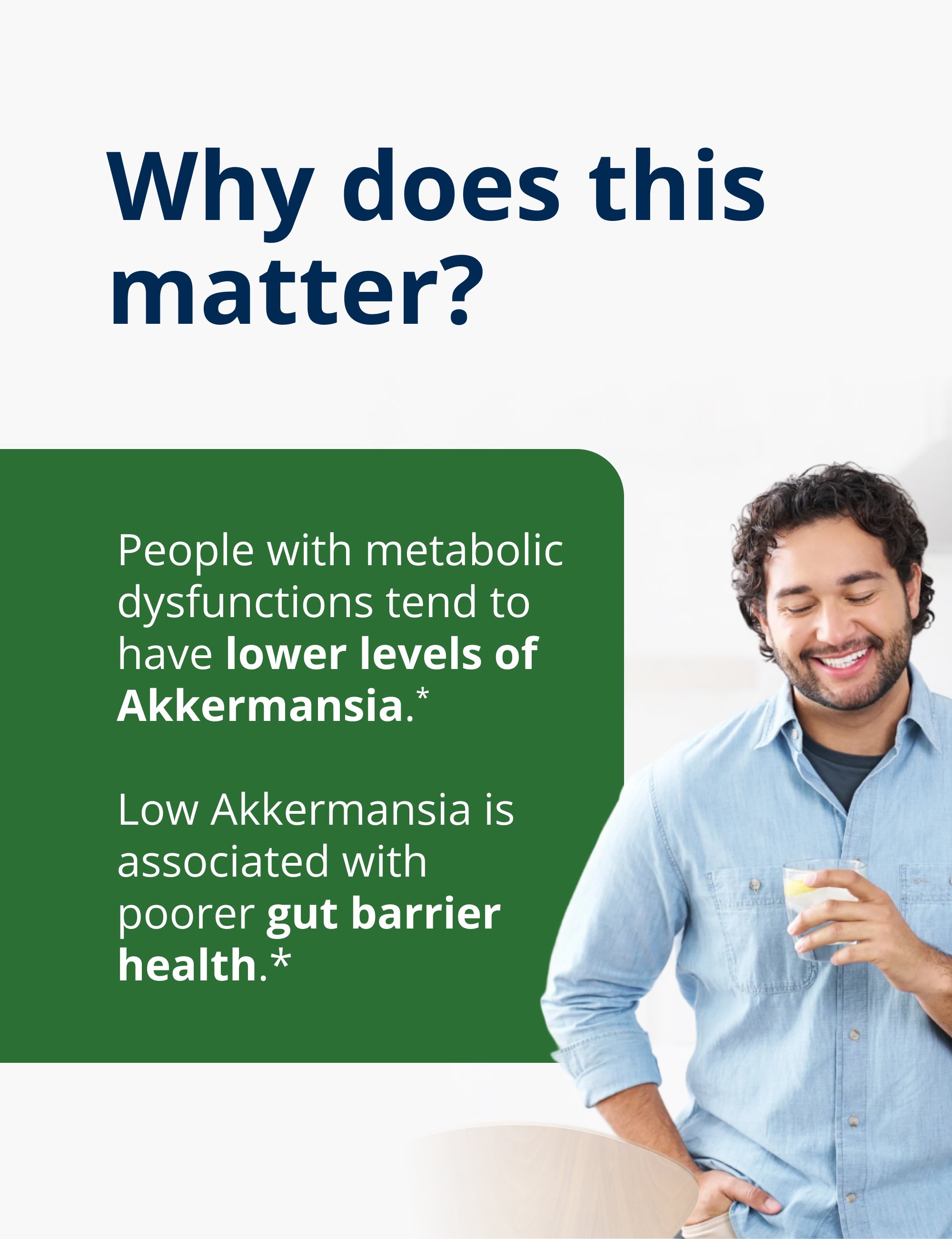 A panel with a person in a blue shirt beside text stating that people with metabolic dysfunction tend to have lower Akkermansia levels and that low Akkermansia is linked to poorer gut barrier health.