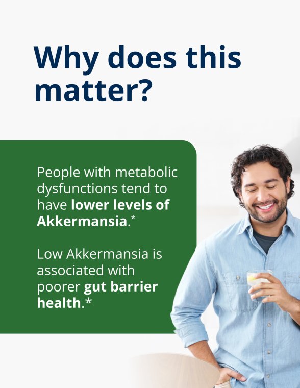 A panel with a person in a blue shirt beside text stating that people with metabolic dysfunction tend to have lower Akkermansia levels and that low Akkermansia is linked to poorer gut barrier health.