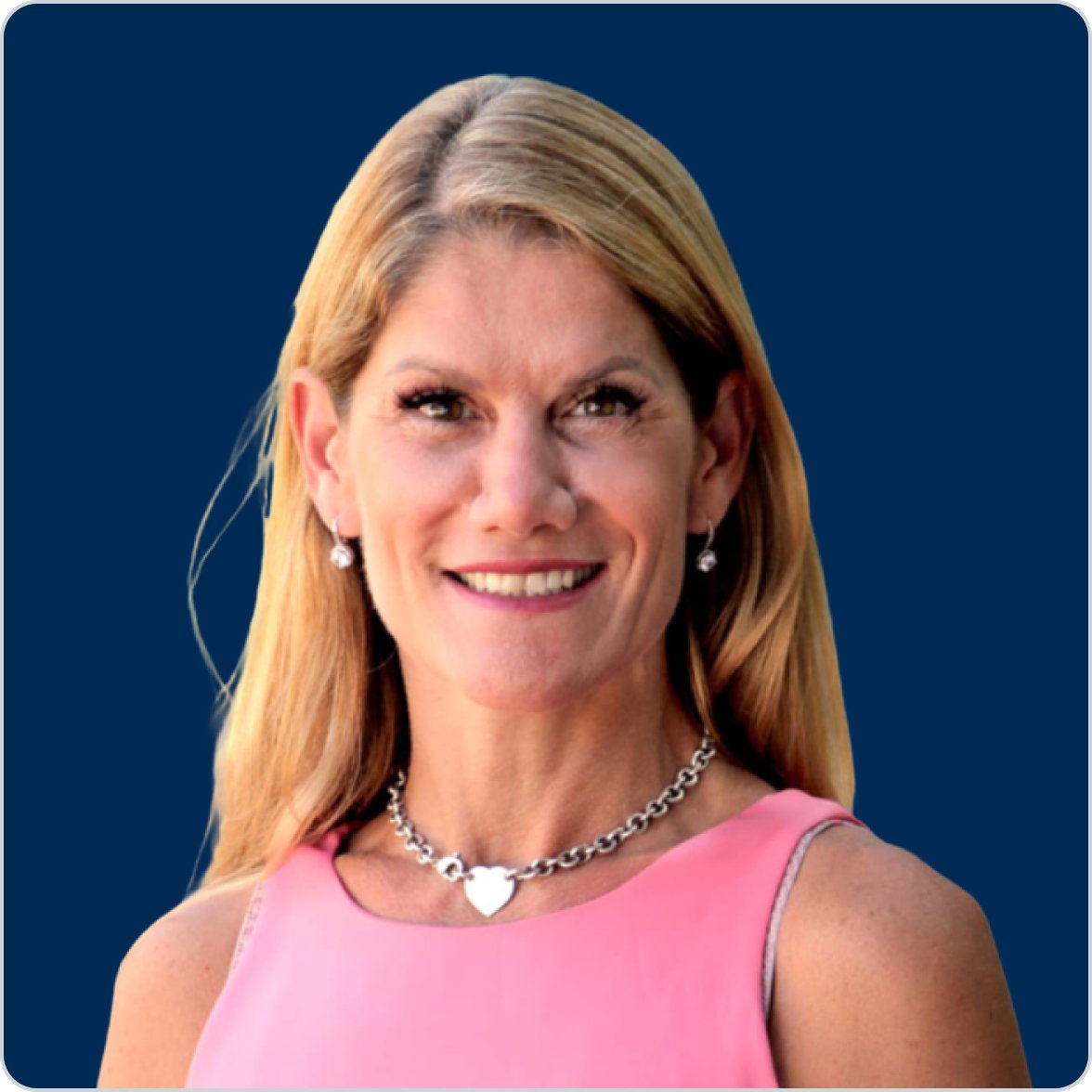 Portrait of Dr. Bridget Briggs, MD, Metagenics medical doctor and weight management expert, smiling against a dark blue background.