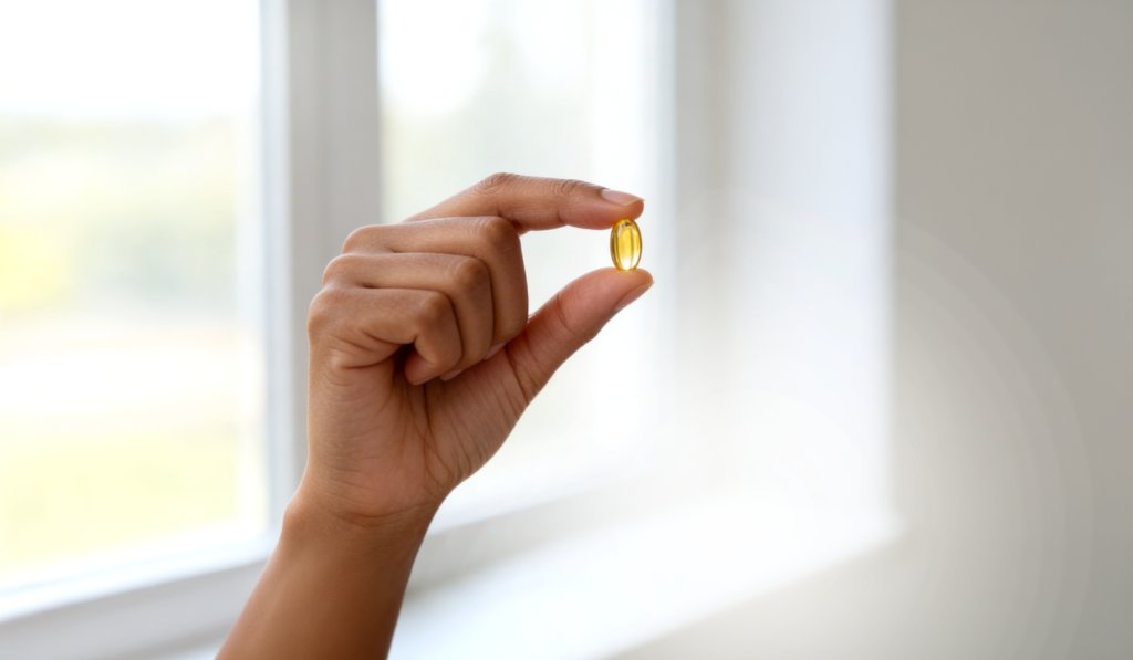 hand holding an omega 3 pill