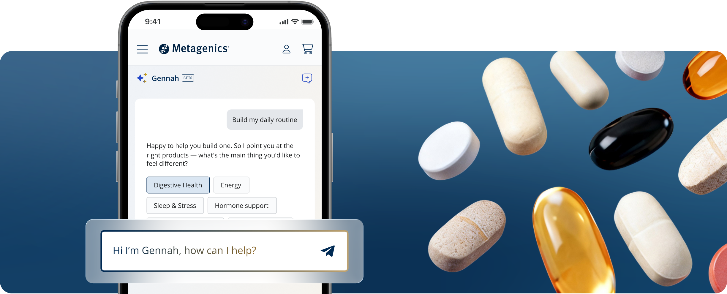 Metagenics AI wellness advisor Gennah displayed on a smartphone, offering personalized supplement recommendations through a chat-based experience.