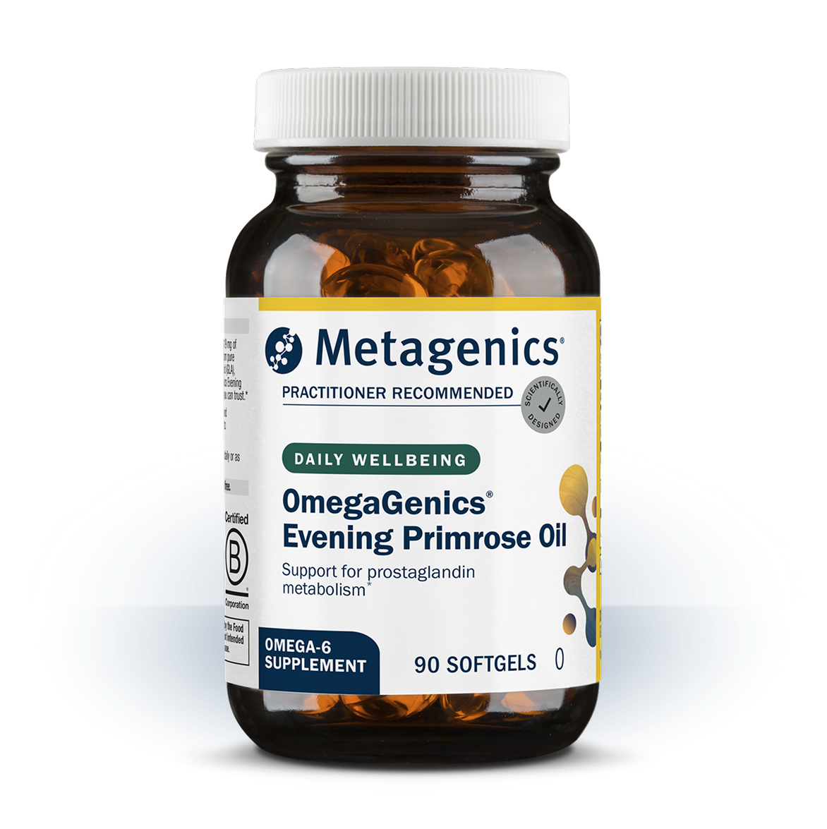Bottle of Metagenics OmegaGenics® Evening Primrose Oil—90 softgels.
