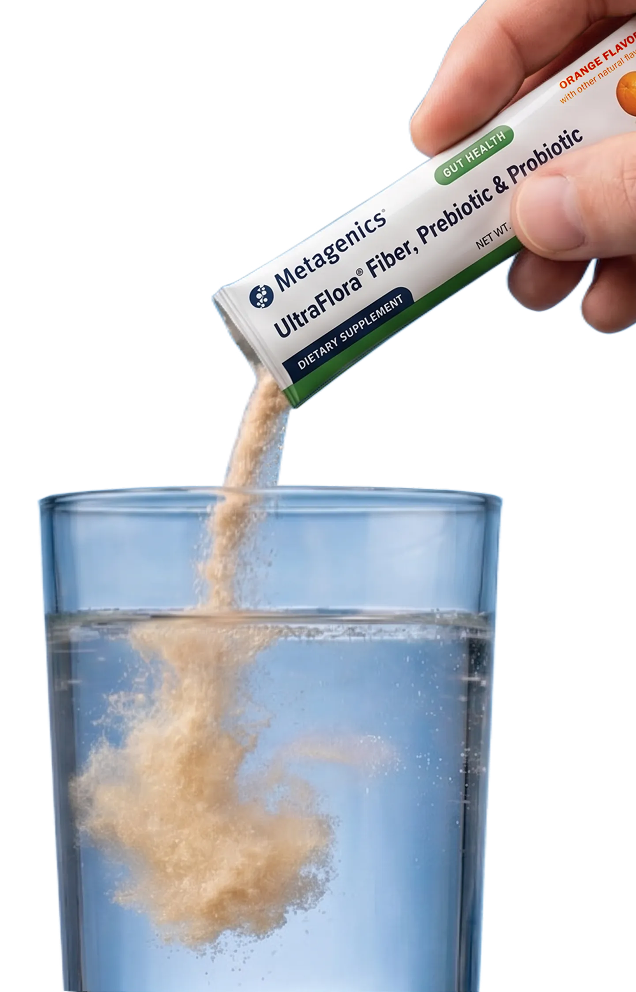 Gut health vitamins & supplements featuring Metagenics UltraFlora Fiber, Prebiotic & Probiotic powder being poured into a glass of water.