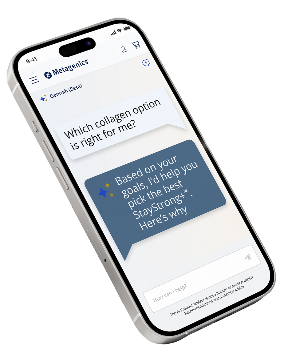 A smartphone displays a chat with the Metagenics Gennah personal AI wellness advisor on a blue background, showing a message “Which collagen option is right for me?"