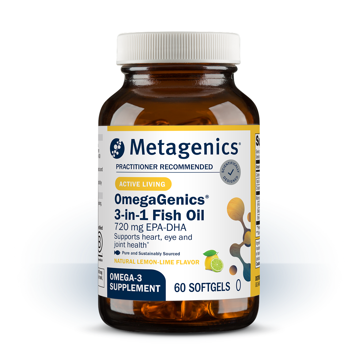 Bottle of Metagenics OmegaGenics® 3-in-1 Fish Oil 720 mg EPA-DHA —60 softgels. Formulated to support heart, muscle, and immune health.