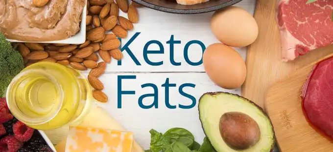 An image with the words Keto Fats surrounded by healthy fat sources like almonds, vegetable oils, cheese, avocado, eggs, red meat and almonds