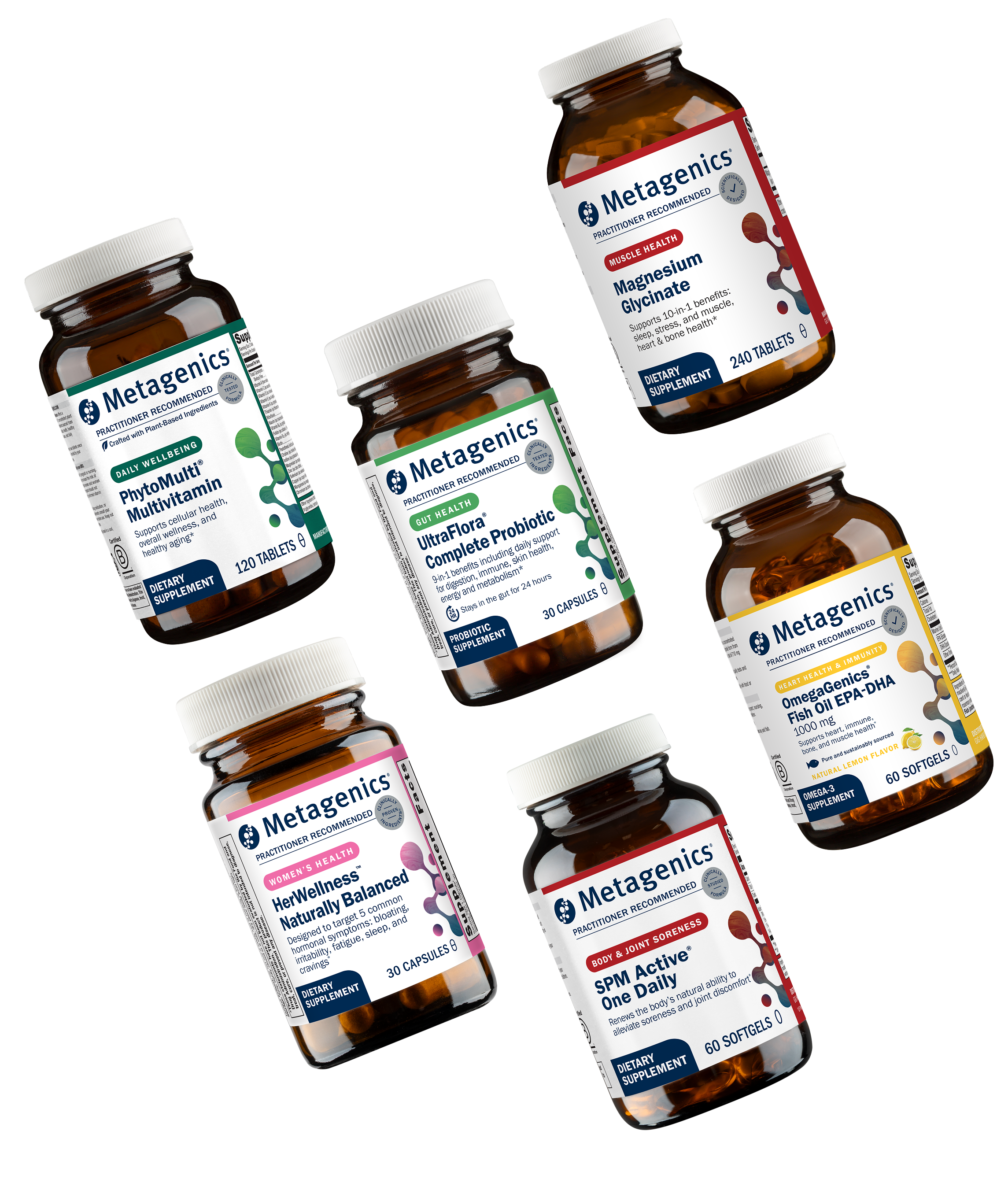 Multiple Metagenics vitamin and supplement bottles arranged at angled positions against a dark blue background, surrounded by white sparkling firework effects that suggest a New Year celebration.