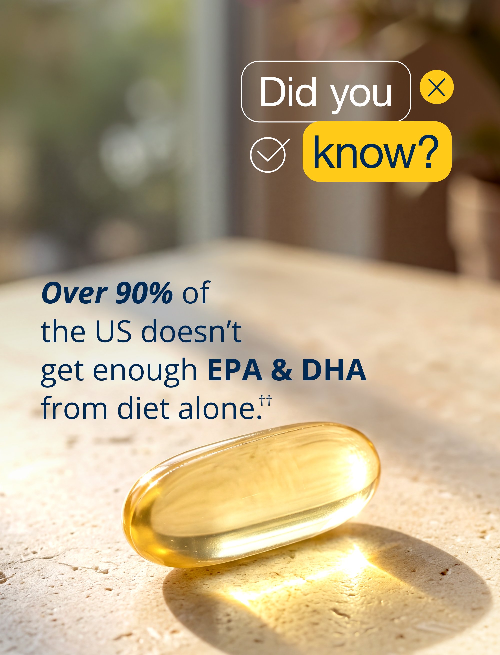 Educational graphic for Metagenics OmegaGenics® 3‑in‑1 Fish Oil 720 mg EPA‑DHA showing a single golden capsule on a light surface with text noting that over 90% of the U.S. population does not get enough EPA and DHA from diet alone.