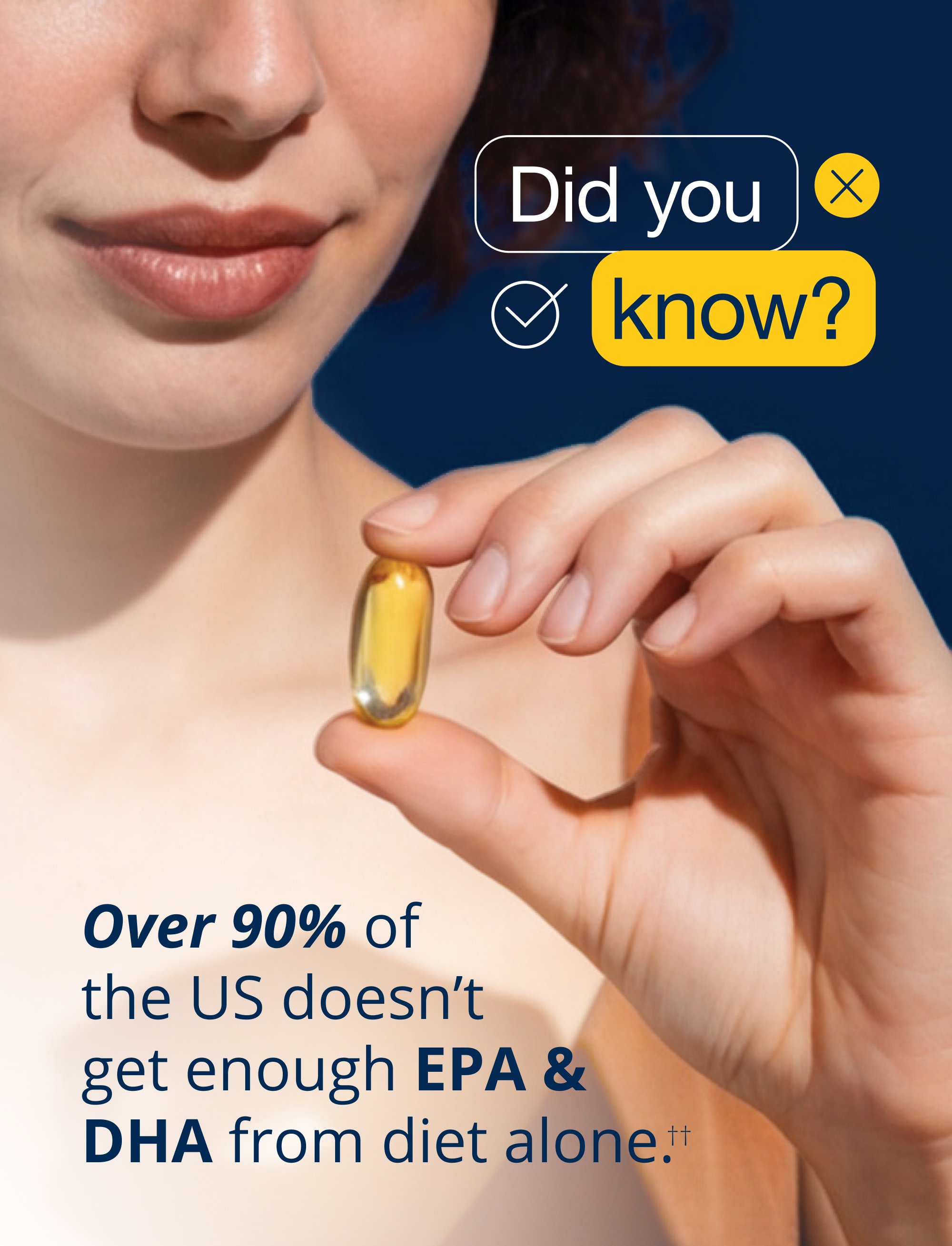 Educational lifestyle graphic for Metagenics OmegaGenics 5-in-1 Fish Oil showing a woman holding a single golden softgel capsule. Text explains that over 90% of people in the U.S. do not get enough EPA and DHA from diet alone and outlines the benefits of daily OmegaGenics 5-in-1 Fish Oil use over time, from 1 day to 6 months, including absorption, increased omega-3 levels, support for dry eyes and skin, improved inflammatory markers, and joint comfort.