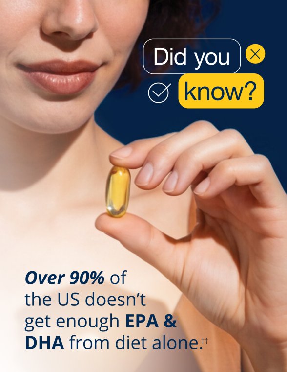 Educational lifestyle graphic for Metagenics OmegaGenics 5-in-1 Fish Oil showing a woman holding a single golden softgel capsule. Text explains that over 90% of people in the U.S. do not get enough EPA and DHA from diet alone and outlines the benefits of daily OmegaGenics 5-in-1 Fish Oil use over time, from 1 day to 6 months, including absorption, increased omega-3 levels, support for dry eyes and skin, improved inflammatory markers, and joint comfort.