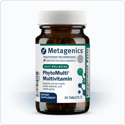  Image of a bottle of Metagenics PhytoMulti® Multivitamin. The brown bottle with a white cap features a white and green label indicating that the supplement supports cellular health, overall wellness, and healthy aging. The label shows that the bottle contains 30 tablets and is crafted with plant-based ingredients.