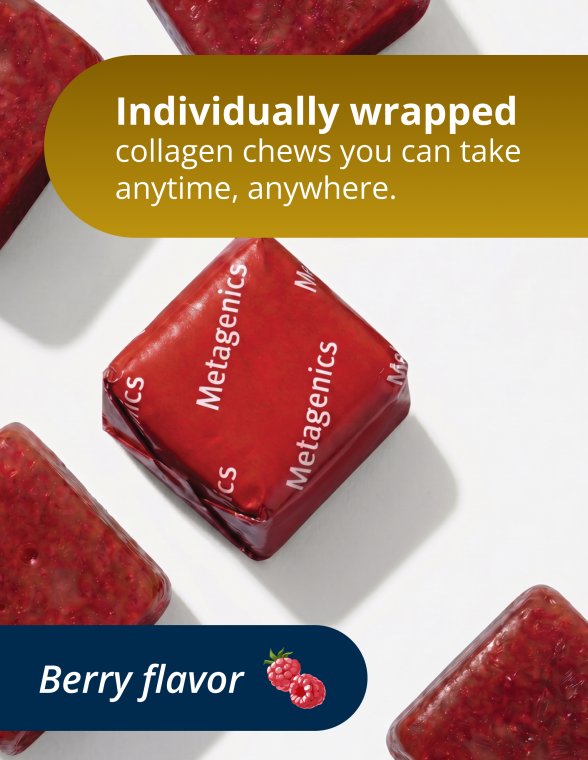 Several red, individually wrapped Metagenics collagen chews arranged on a white surface with text stating they are individually wrapped for anytime, anywhere use and labeled as berry flavor.