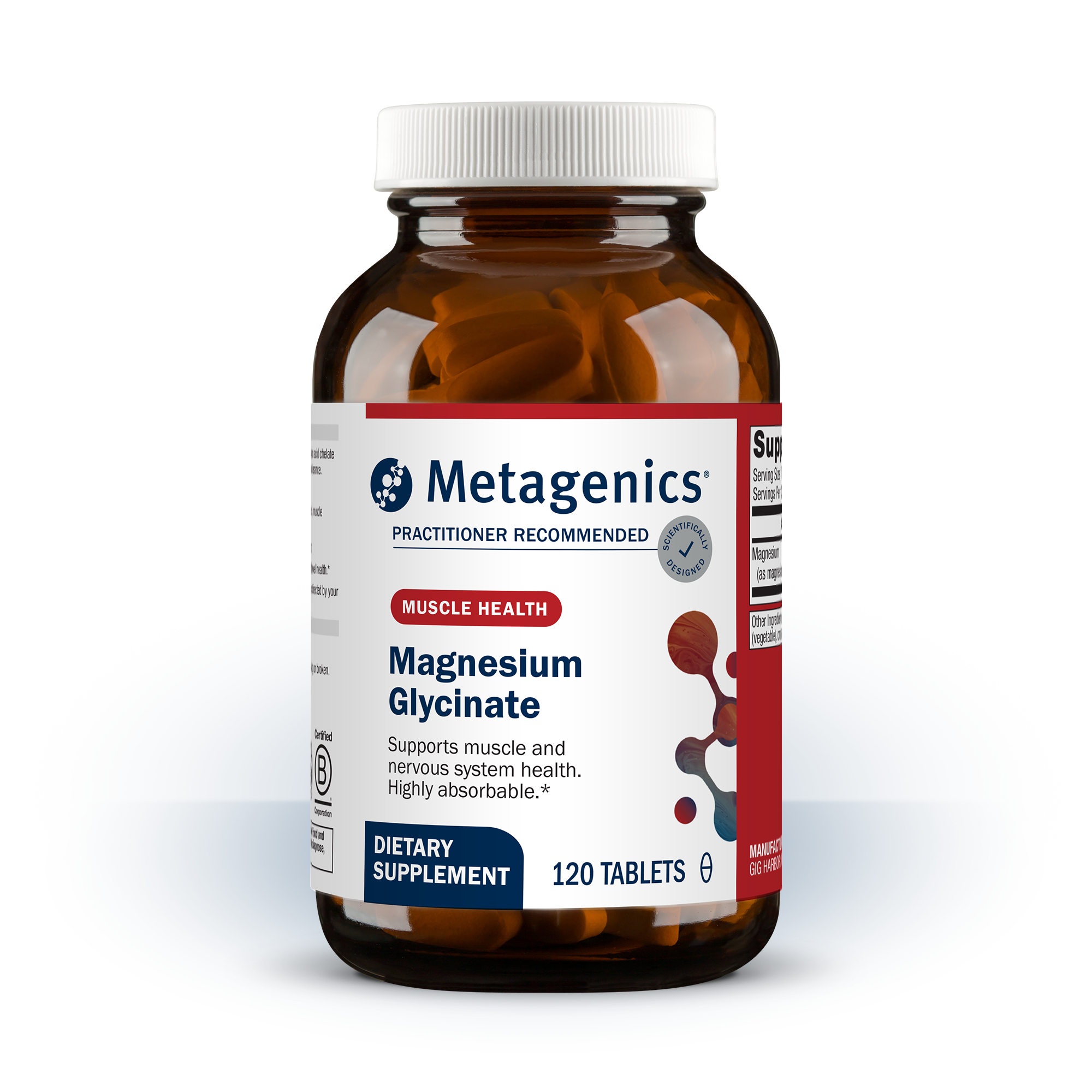 Metagenics Magnesium Glycinate bottle shown on the reset your routine page, promoting relaxation, muscle recovery, and calm nervous system support, backed by our 60-day money back guarantee.