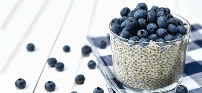 A glass with a chia-based dessert topped with blueberries