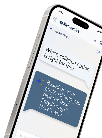 A smartphone displays a chat with the Metagenics Gennah personal AI wellness advisor on a blue background, showing a message “Which collagen option is right for me?"