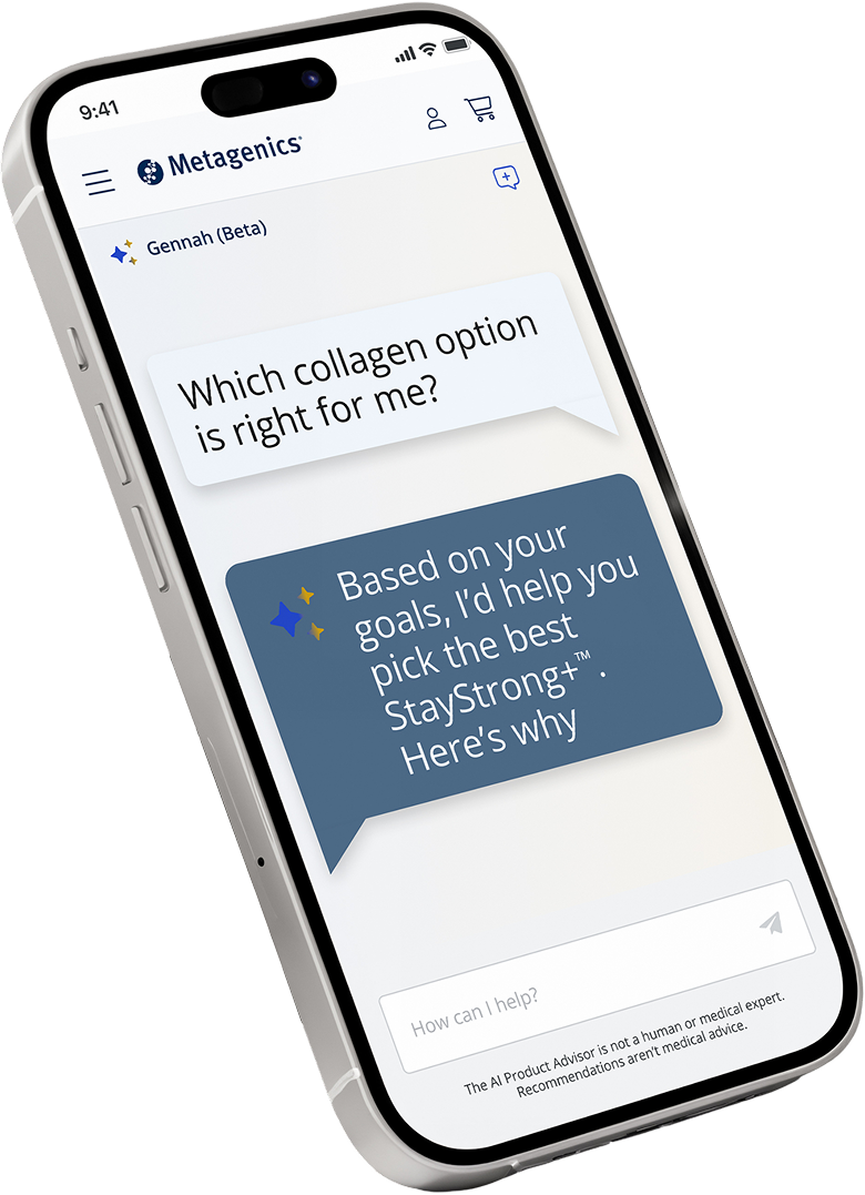 Mobile phone displaying the Metagenics® Gennah AI Product Advisor recommending the right StayStrong+™ collagen supplement based on personal wellness goals.