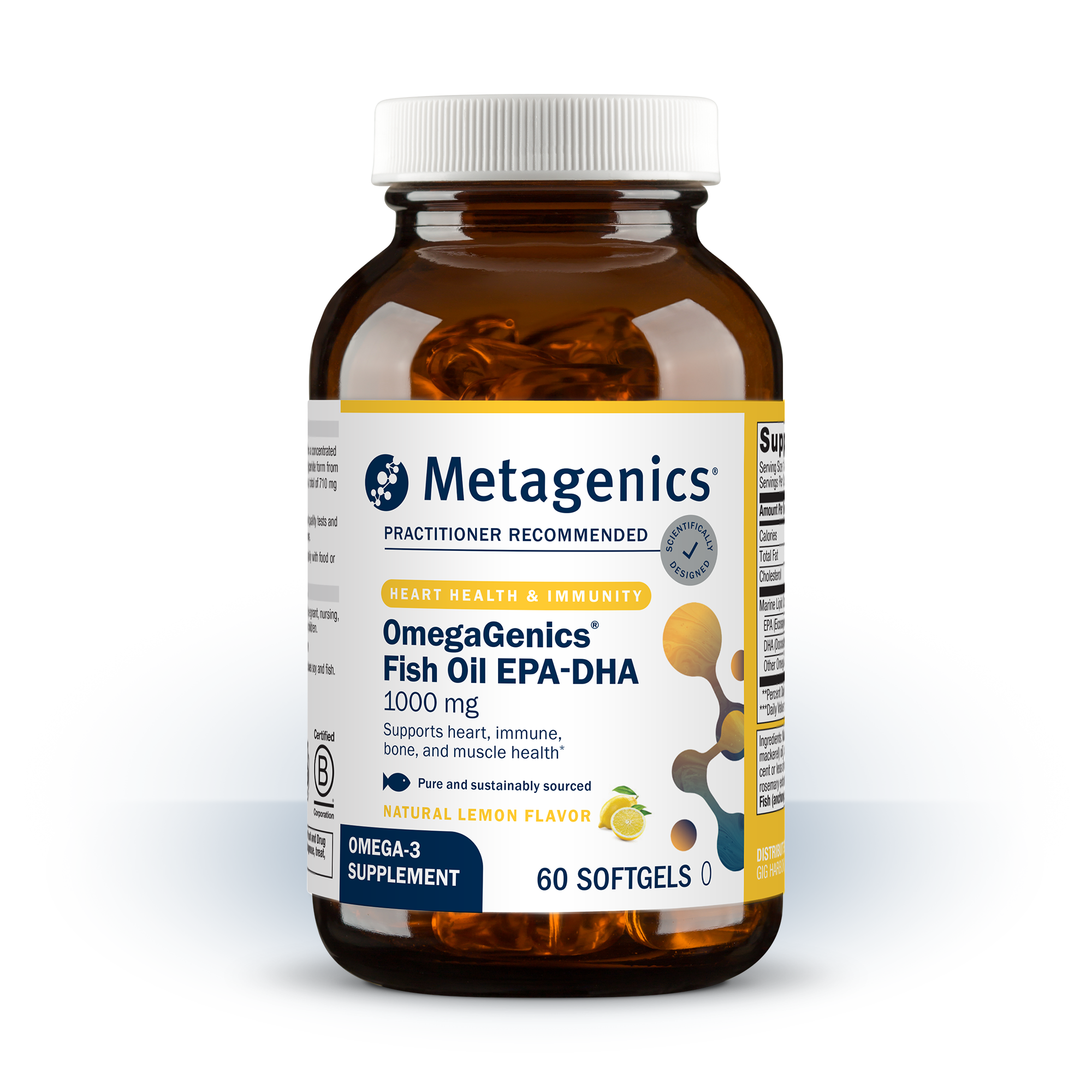 Metagenics OmegaGenics® Fish Oil EPA-DHA 1000 mg bottle shown on the New Year page, for heart, brain, eye, immune & muscle health, backed by our 60-day money back guarantee.