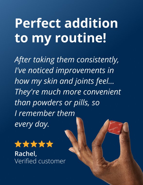 A hand holding one red individually wrapped collagen chews next to a customer testimonial from Rachel with five gold stars, stating she noticed improvements in skin and joint comfort and finds the chews more convenient than powders or pills.