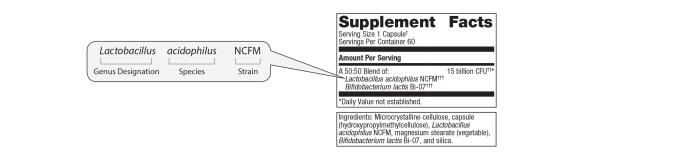 Supplement Facts label showing the nutritional and probiotic ingredients, serving size, amounts per serving, and daily values.