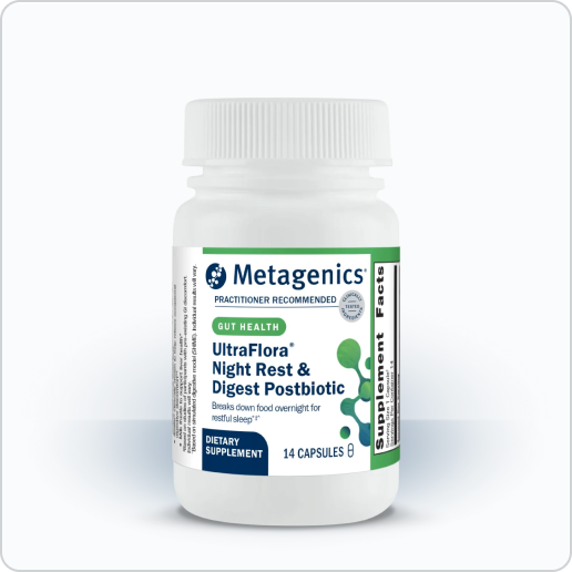  A bottle of Metagenics UltraFlora Night Rest & Digest Postbiotic with 14 capsules, shown as a practitioner‑recommended gut health and sleep‑support supplement featuring a clean white label with green and blue accents.