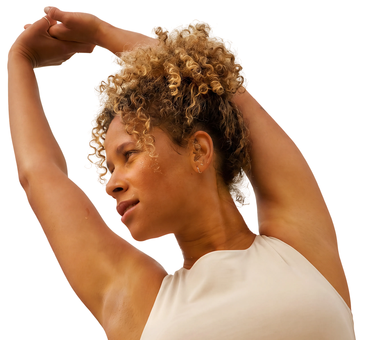 Woman stretching her arms overhead before exercise, representing healthy movement and active aging with Metagenics® StayStrong+™ collagen supplements.