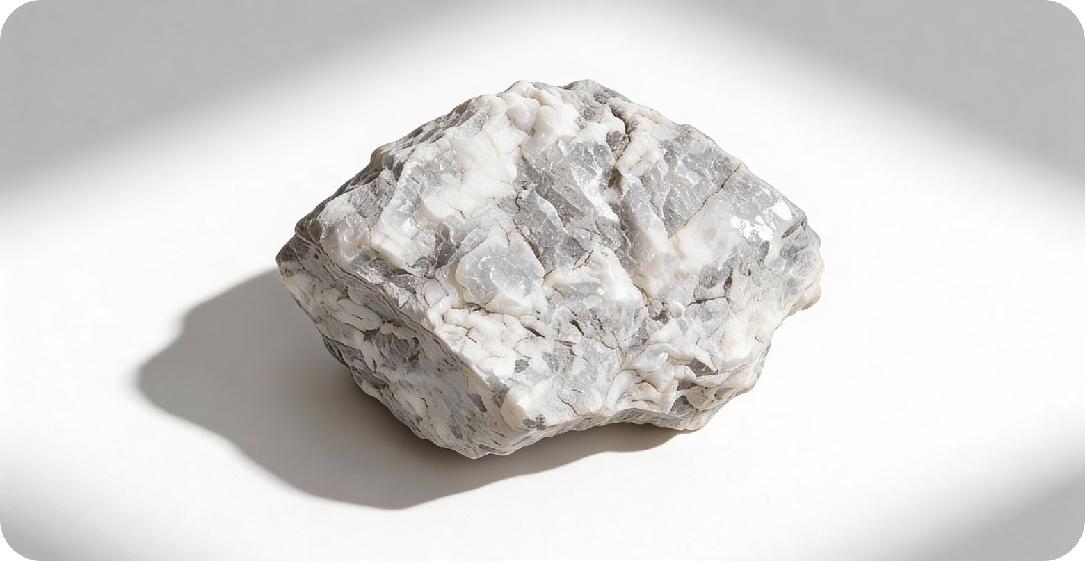 Close-up of a light gray, natural mineral rock on a clean white surface, representing magnesium as an essential mineral that supports muscle, nerve, and relaxation functions. The image supports Metagenics education, encouraging consumers to reset your routine during the new year supplement sale.