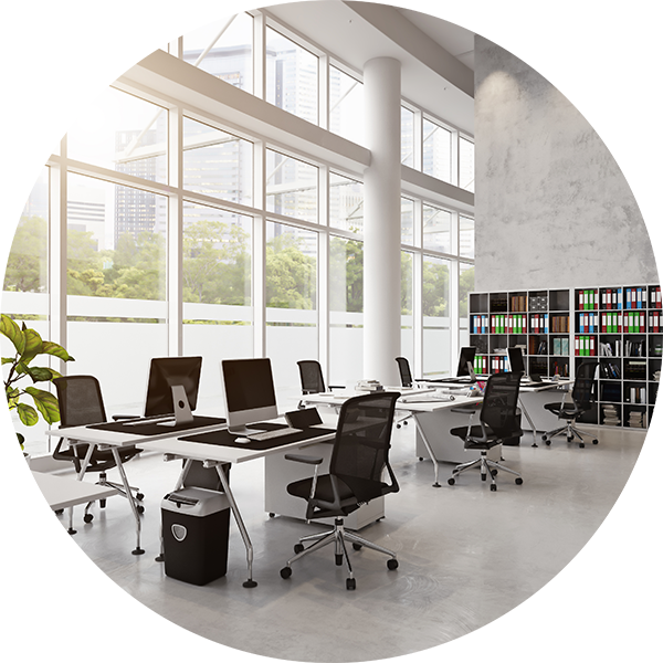 A large shared office with multiple desks, chairs, and file storage near a large window