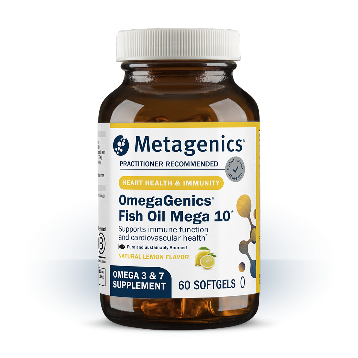 Bottle of Metagenics OmegaGenics® Fish Oil Mega 10®—60 softgels. 
