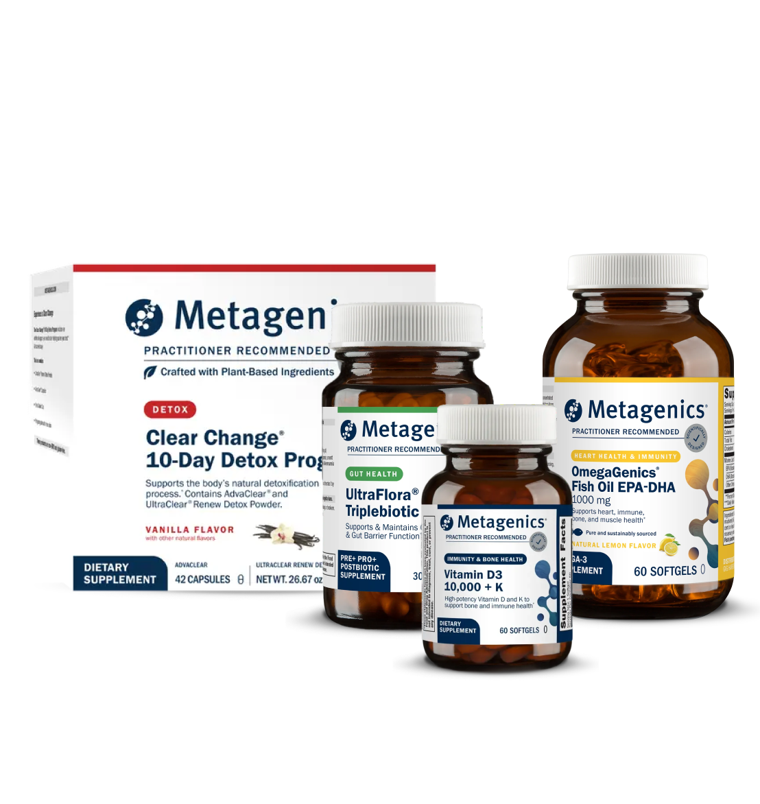 Metagenics Total Body Reset for Renewed Vitality PracStack showing Clear Change 10-Day Detox Program box with complementary Metagenics supplement bottles, curated by Dr. Patricia Guevara, MD, to support gentle detoxification, cellular renewal, and daily energy balance.