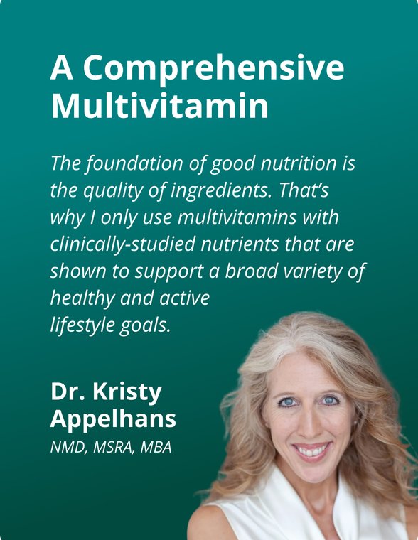 Portrait of Dr. Kristy Appelhans alongside text describing the importance of clinically studied nutrients in a comprehensive formula. The image emphasizes that Metagenics PhytoMulti® Multivitamin Supports cellular health, overall wellness, and healthy aging through targeted, science-based nutrition.
