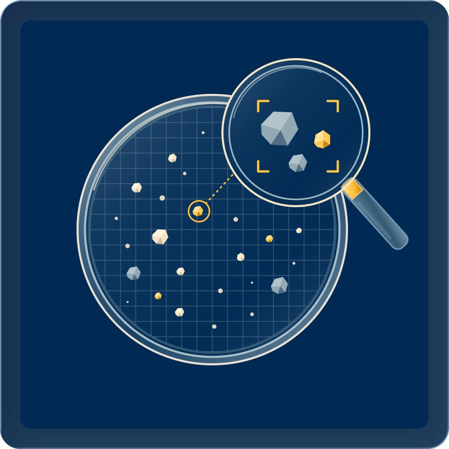 Illustration of a petri dish with particles under a magnifying glass, representing testing for heavy metals in supplement ingredients.