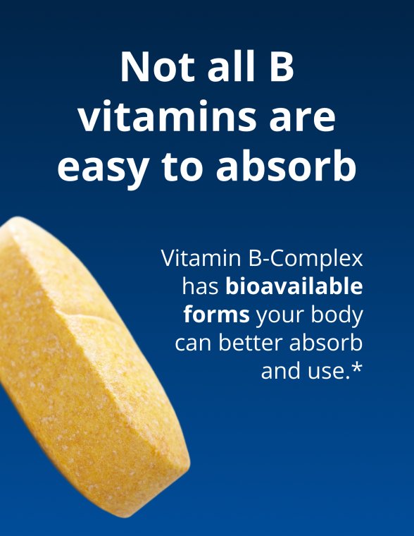 A close‑up of a single yellow pill on a white background. Text states that not all B vitamins are easy to absorb and that this B‑Complex uses more bioavailable forms.