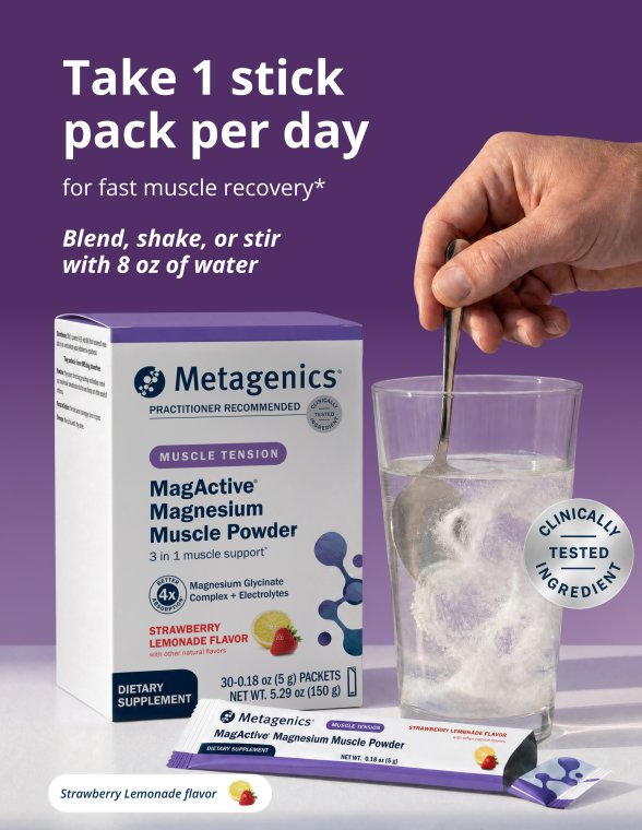Metagenics MagActive® Magnesium Muscle Powder stick pack mixed into water, with guidance to take one stick pack daily for fast muscle recovery.