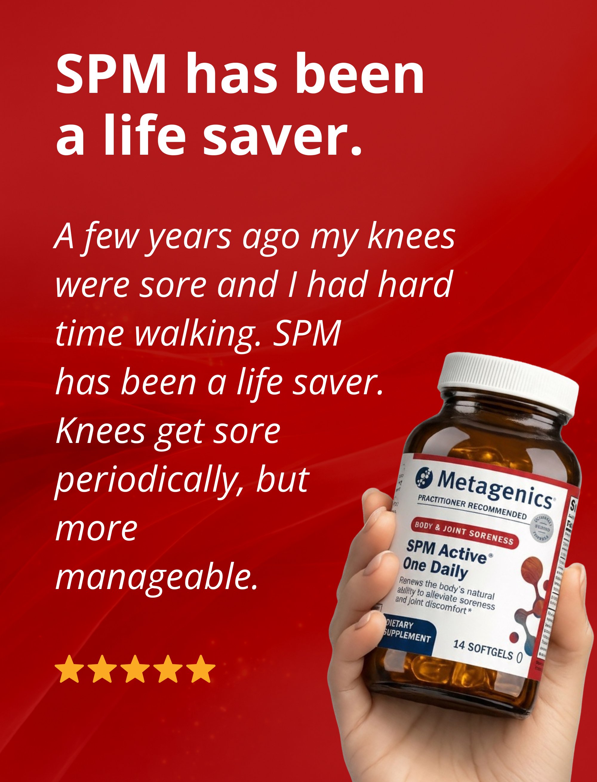 Hand holding a bottle of Metagenics SPM Active beside a customer testimonial with five gold stars.