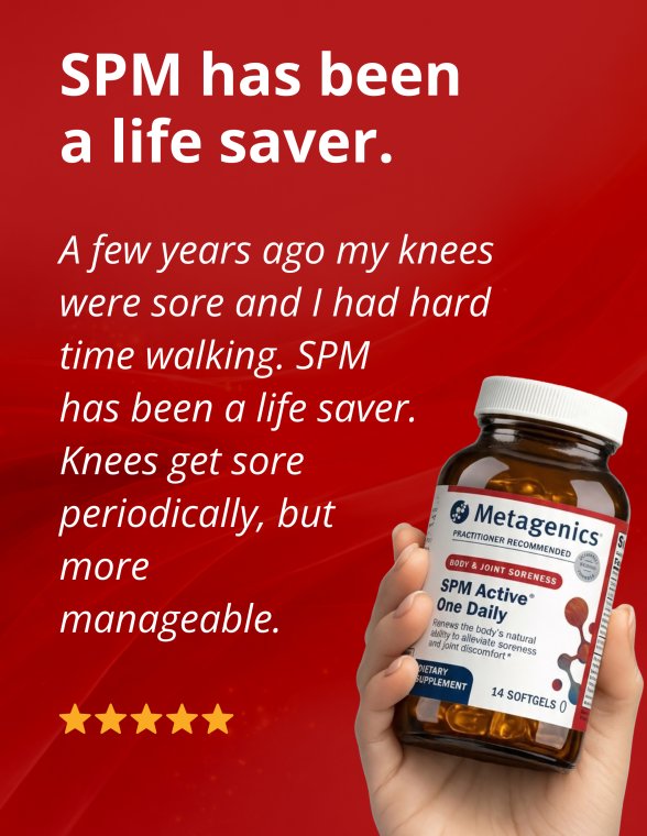 Hand holding a bottle of Metagenics SPM Active beside a customer testimonial with five gold stars.