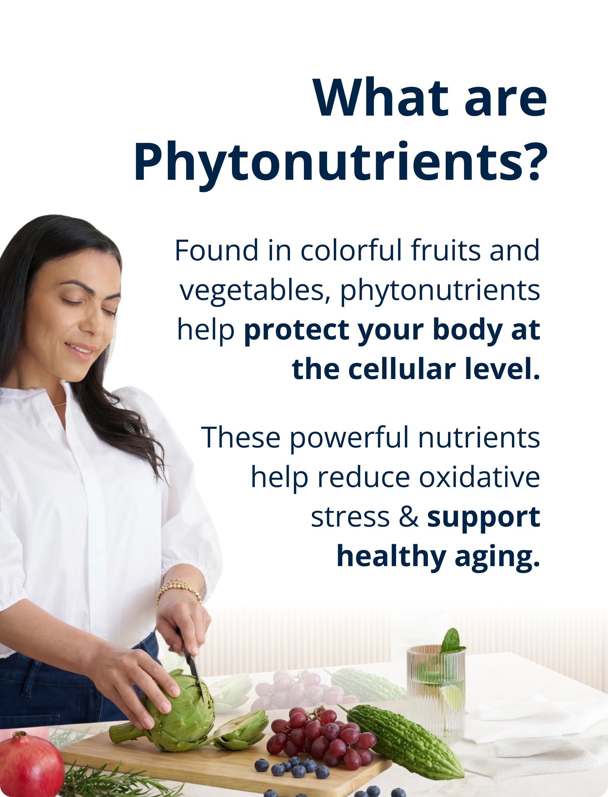 Woman chopping fresh fruits and vegetables beside educational text explaining that phytonutrients are found in colorful produce and help protect the body at the cellular level. The image reinforces how Metagenics PhytoMulti® Multivitamin Supports cellular health, overall wellness, and healthy aging.