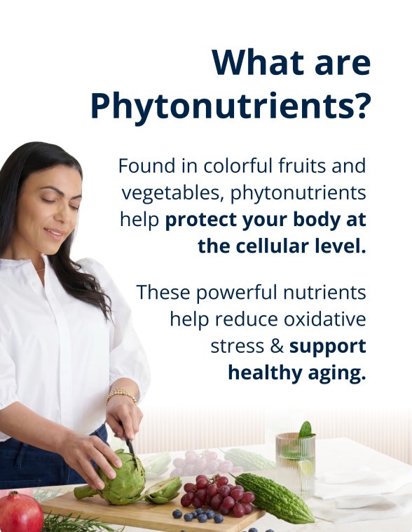 Woman chopping fresh fruits and vegetables beside educational text explaining that phytonutrients are found in colorful produce and help protect the body at the cellular level. The image reinforces how Metagenics PhytoMulti® Multivitamin Supports cellular health, overall wellness, and healthy aging.