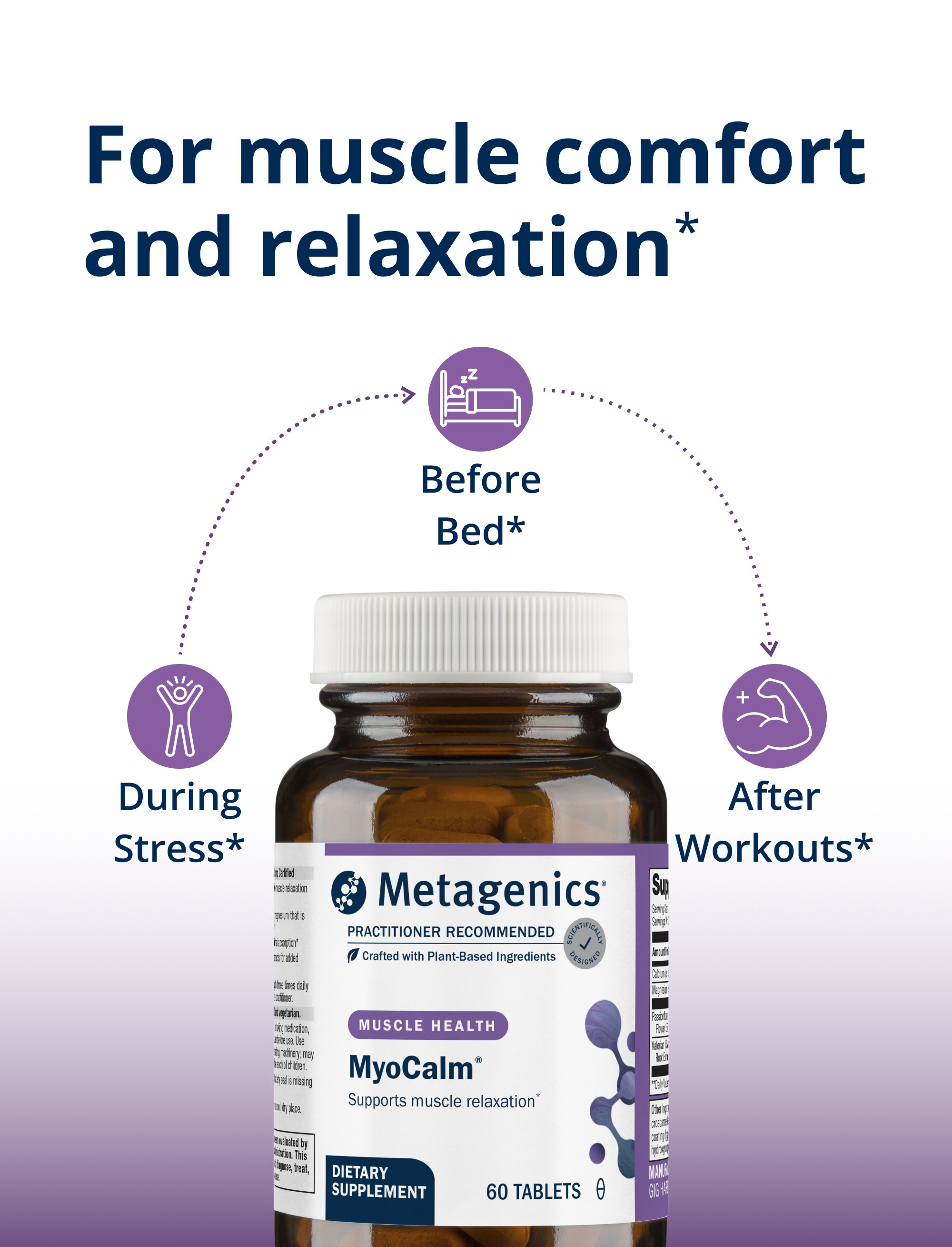 Promotional image for Metagenics MyoCalm® supplement. A brown bottle with a white cap and label reads “Metagenics MyoCalm® — Supports muscle relaxation” and “Calcium with Plant‑Based Magnesium.” Above the bottle, text says “Targeted nutrients for muscle comfort and relaxation.” Three icons connected by dotted lines surround the bottle with captions “During Stress,” “Before Bed,” and “After Workouts,” emphasizing muscle comfort and relaxation benefits.