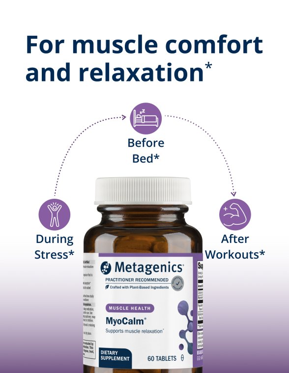Promotional image for Metagenics MyoCalm® supplement. A brown bottle with a white cap and label reads “Metagenics MyoCalm® — Supports muscle relaxation” and “Calcium with Plant‑Based Magnesium.” Above the bottle, text says “Targeted nutrients for muscle comfort and relaxation.” Three icons connected by dotted lines surround the bottle with captions “During Stress,” “Before Bed,” and “After Workouts,” emphasizing muscle comfort and relaxation benefits.