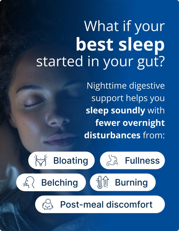 A person sleeping peacefully next to icons for bloating, fullness, belching, burning, and post‑meal discomfort, with text highlighting how nighttime digestive support can reduce overnight disturbances for better sleep.