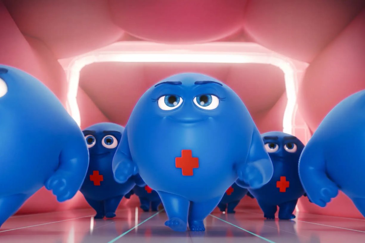 A team of blue microbes walking through a pink digestive tract, reflecting what this page is about: Inner Health probiotics and microbiome support.