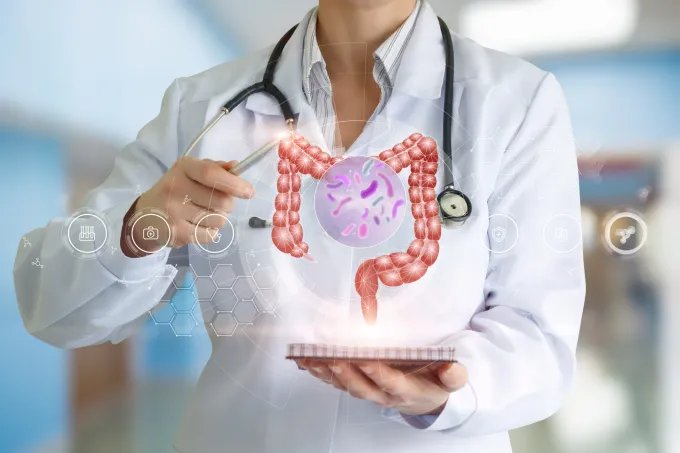 Doctor holding tablet with illustration of the gut microbiome and digestive system