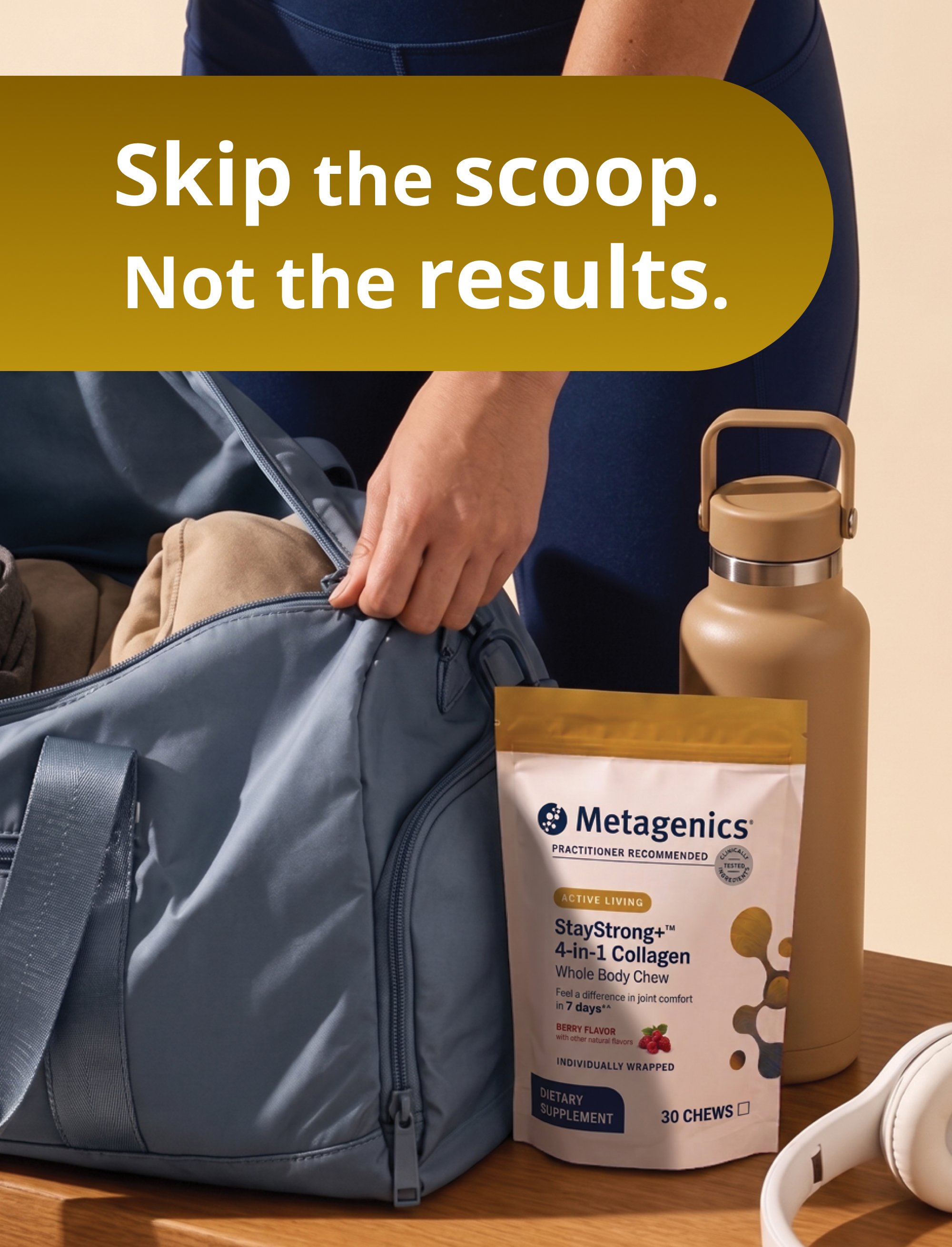 A hand placing a white and mustard‑yellow StayStrong+ 4‑in‑1 Collagen Whole Body Chew pouch into a bag beside the headline “Skip the scoop. Not the results.” with a clean white background.