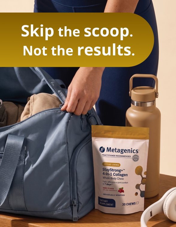 A hand placing a white and mustard‑yellow StayStrong+ 4‑in‑1 Collagen Whole Body Chew pouch into a bag beside the headline “Skip the scoop. Not the results.” with a clean white background.