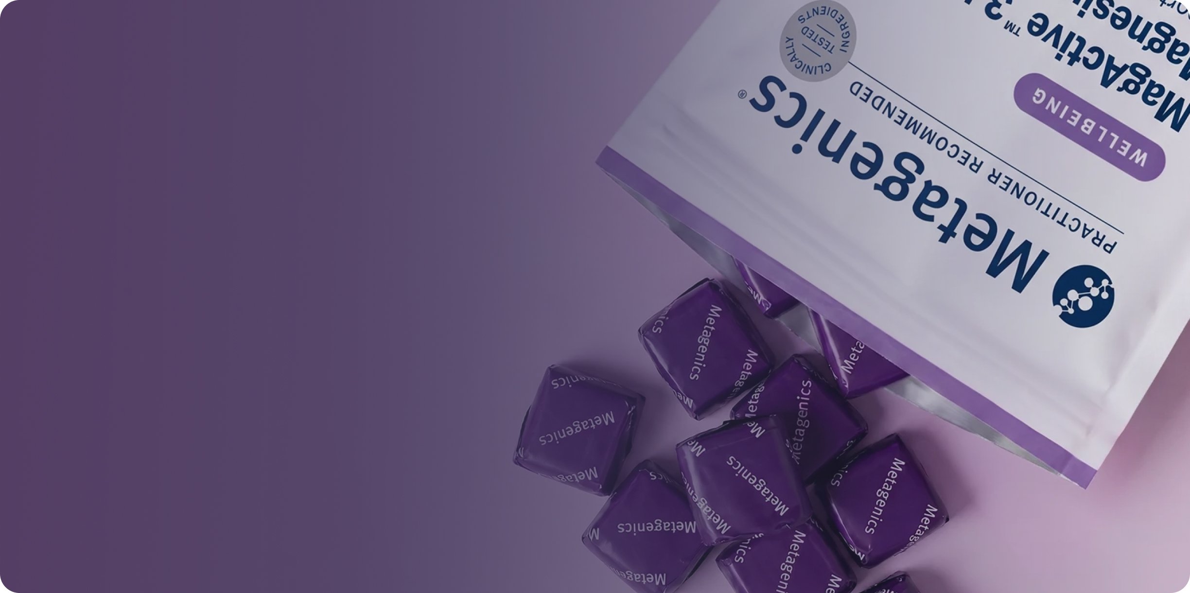 Magnesium supplement packets and individually wrapped chews displayed on a purple background, representing magnesium supplementation and nutrient support.