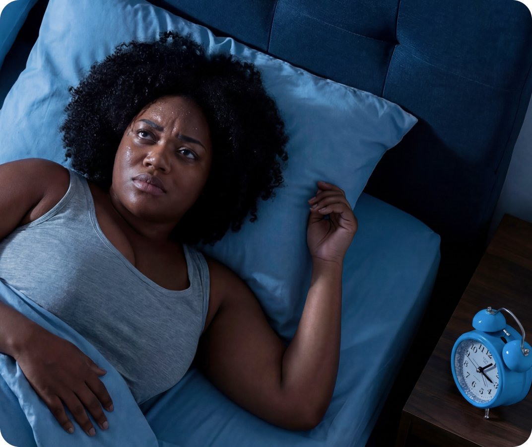 Photo of a person lying awake in bed next to text reading ‘Sleep suffers’ with a short sleep‑related statistic.