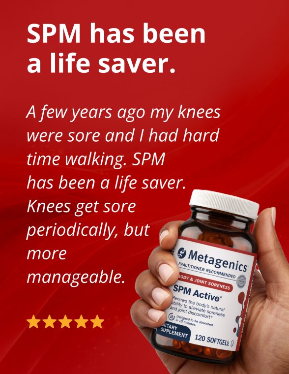 Hand holding a bottle of Metagenics SPM Active next to a five‑star customer review describing improved knee comfort and mobility.