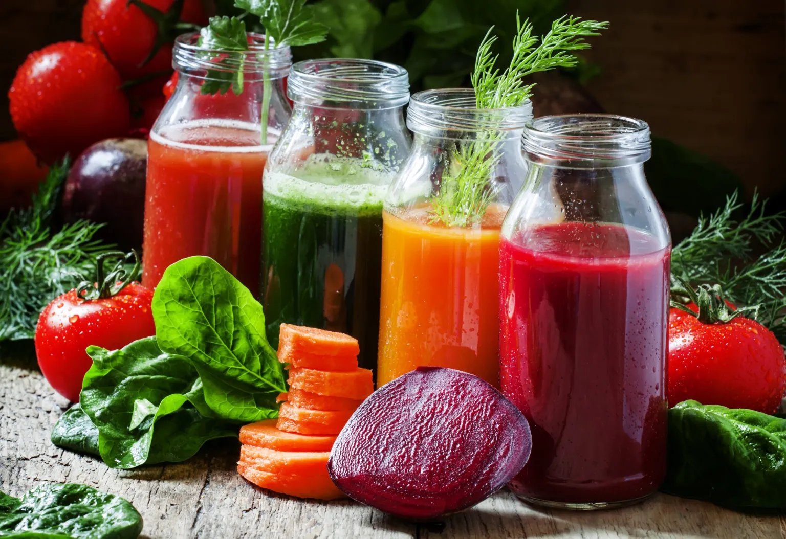 Four bottles containing brightly colored detox  juices, and fresh beetroot, carrots, spinach and tomatoes on a table.