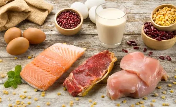 A tabletop showing different kinds of protein, including legumes, peas, beans, salmon, red meat, chicken and milk