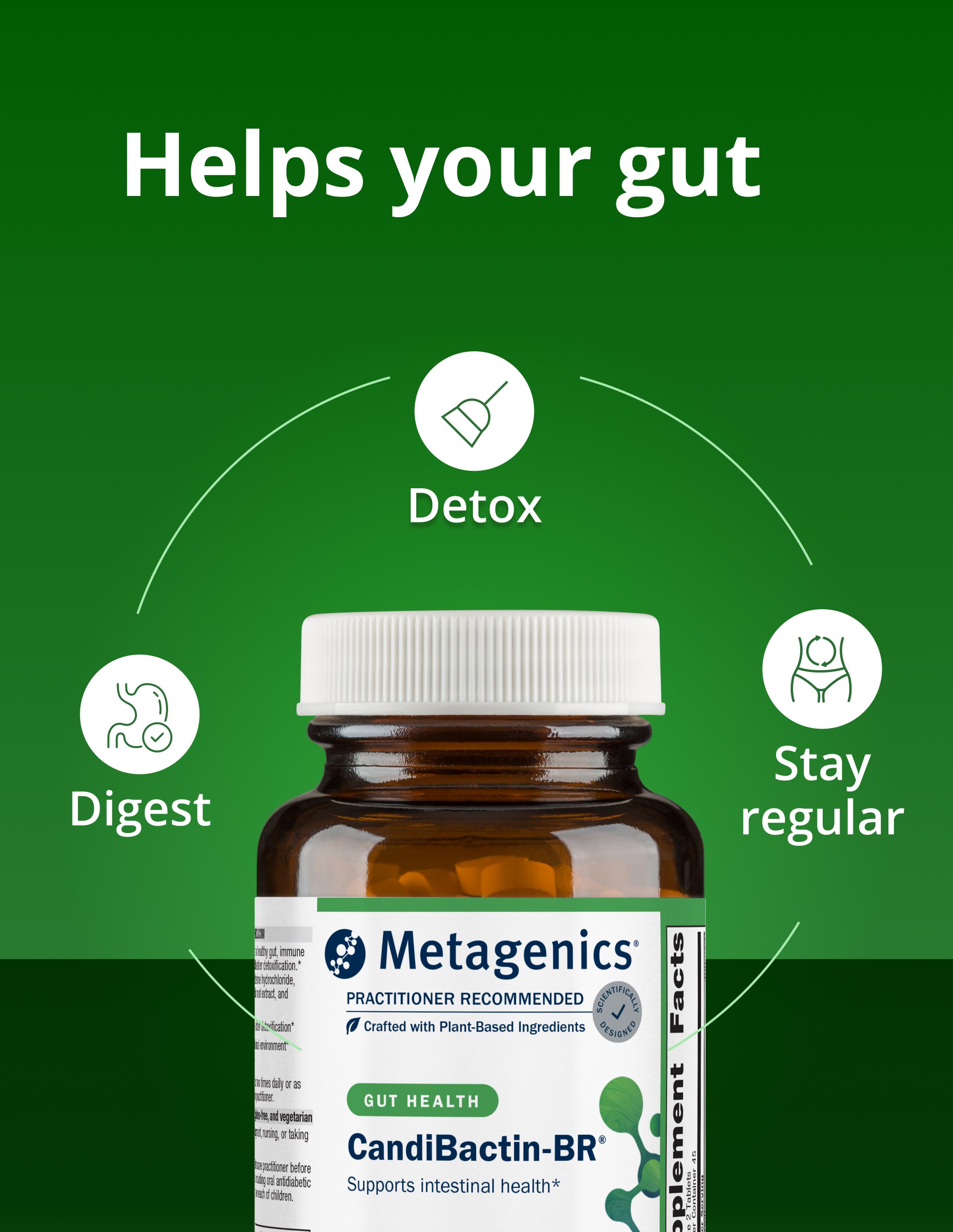 A green product-focused graphic featuring a bottle of Metagenics CandiBactin-BR® centered at the bottom. Above the bottle are three circular icons labeled “Detox,” “Digest,” and “Stay regular,” arranged in a curved layout. The headline reads, “Helps your gut.” The image visually summarizes how CandiBactin-BR® by Metagenics supports digestive balance, detoxification pathways, and regularity through targeted intestinal support.